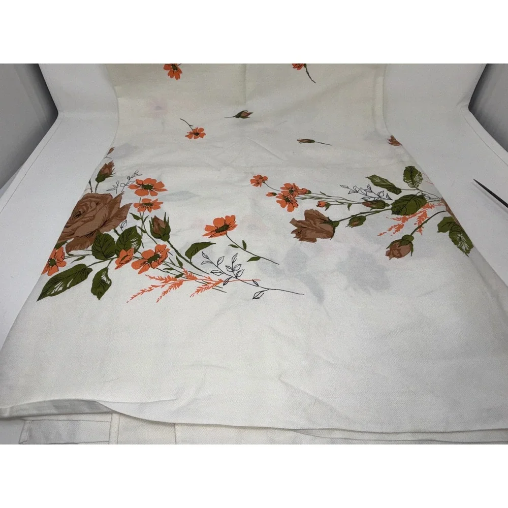 Vintage Floral Tablecloth Brown Roses Orange Flowers White Rectangular 52x66